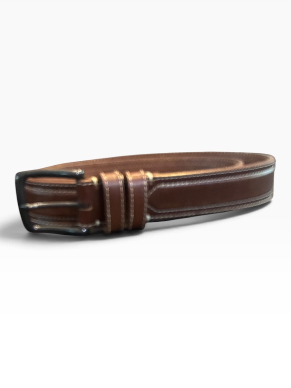 Orvis Brown Leather Belt Size 38 Stitched Double Prong Buck
